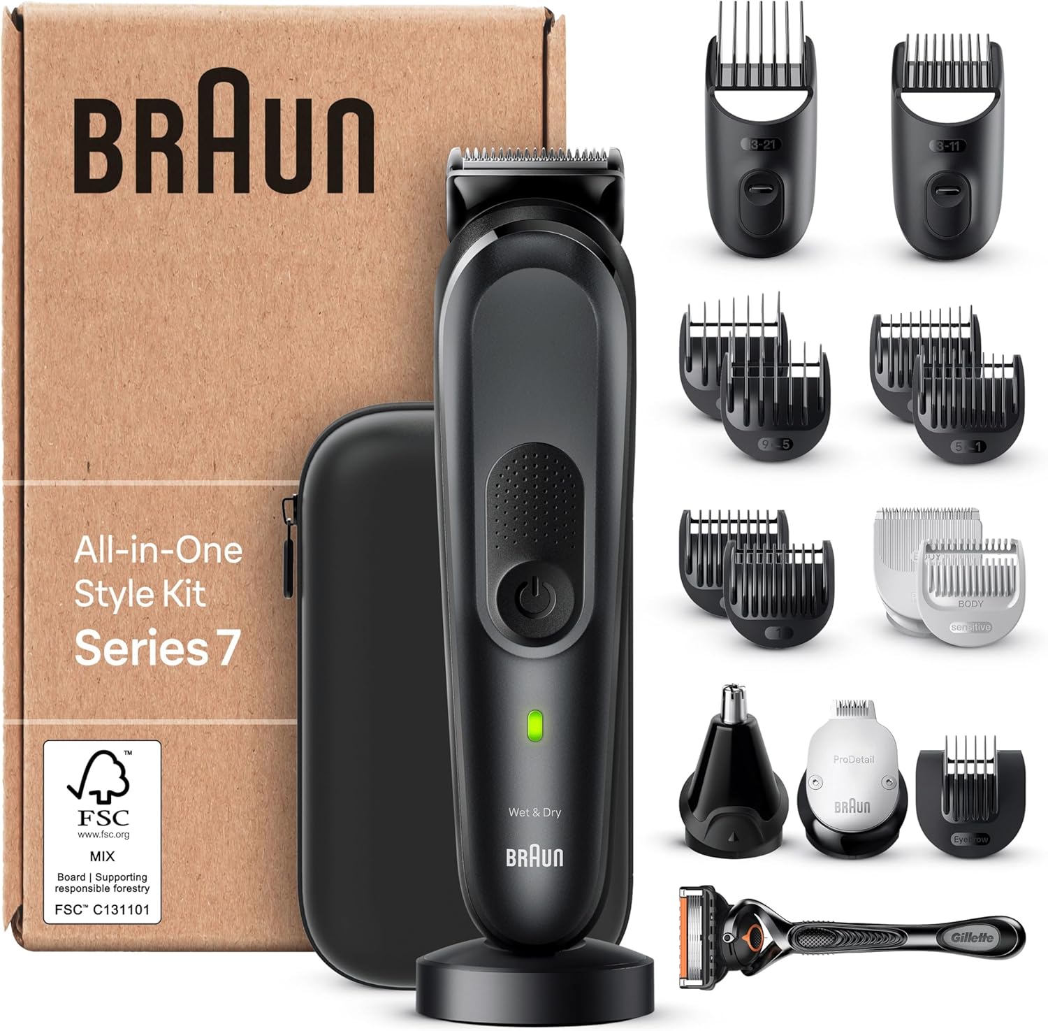 Braun Regolabarba Tagliacapelli Uomo, Rasoio Elettrico Barba e Capelli, 17-in-1 Styling Kit Per Barba, Capelli, Corpo, Naso e Orecchie, 100 Minuti Di Utilizzo, MGK7491 Nero